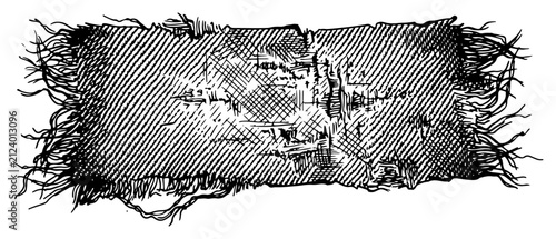 Obraz na płótnie Frayed fabric patch with worn textile texture and loose threads in vintage engra