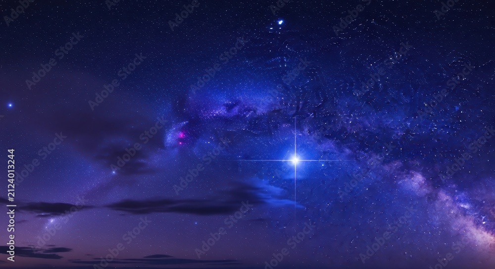 Naklejka premium Stunning Night Sky with Milky Way Galaxy and Bright Shining Star over Dark Horizon