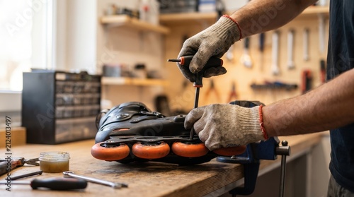 Obraz na płótnie Hands repairing inline rollerblade on workbench