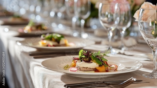 reception. Elegantly presented wedding banquet dishes on a linen-covered table under gentle overhead lighting. menu design.