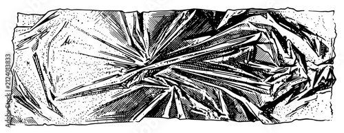 Crumpled plastic wrap texture with sharp folds and highlights in vintage engraving style