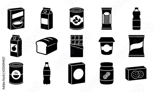 Food and snack vector icons with bread, chocolate bar and peanut jar for branding design in solid glyph style
