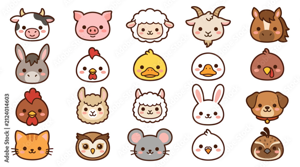 Fototapeta premium Cute farm animal icons collection