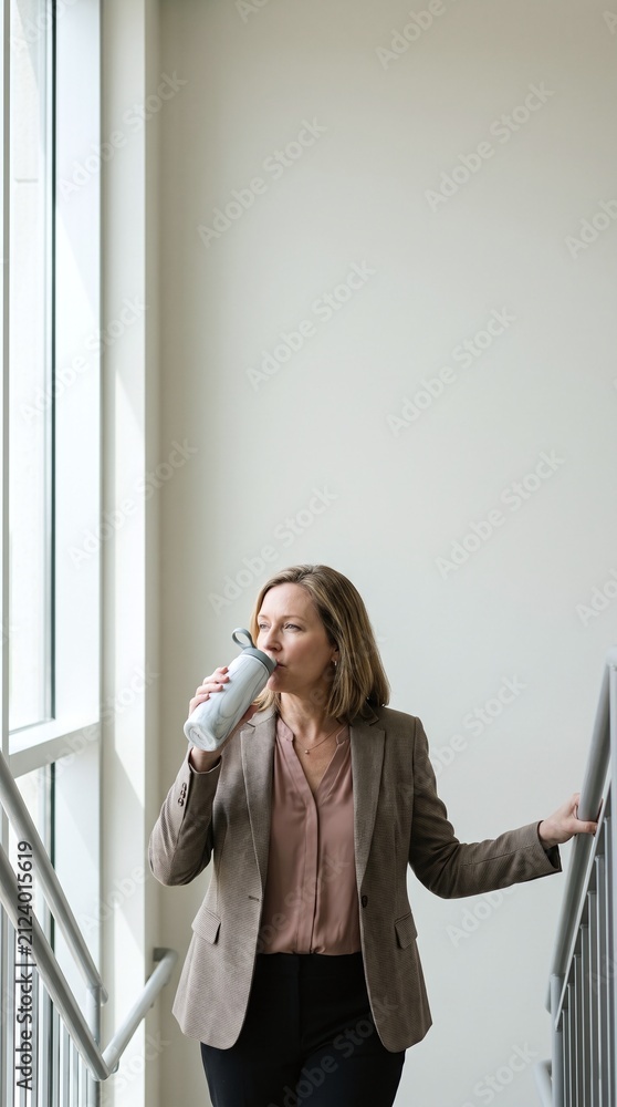 Fototapeta premium Businesswoman Drinking Water In Office Stairwell