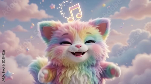Whimsical Rainbow Fluffy Cat with Musical Notes Floating in a Dreamy Pastel Sky, Animated Character