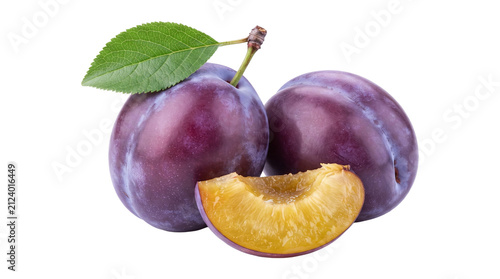 Konstfotografi Two ripe purple plums with green leaf and one juicy fruit slice isolated on transparent background png cut