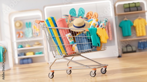 Shopping Cart for Summer Vacation: A metal shopping cart filled with vibrant beach essentials like towels, hats, and sandals, staged in a bright retail clothing store.