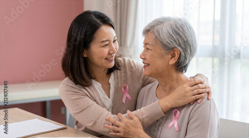 Asian daughter comforting her senior mother while both wear pink ribbons. Family care and breast cancer support concept.