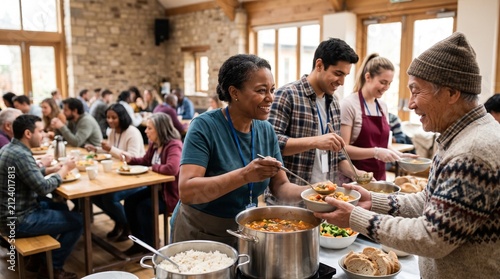Community Feast: Diverse individuals gather for a heartwarming communal meal in a rustic dining hall, sharing food and fellowship.