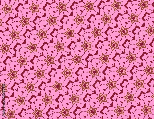 Patterned pink background with red star geometric shapes, suitable for wallpaper, textiles, and decorative design projects. Great for digital backgrounds.