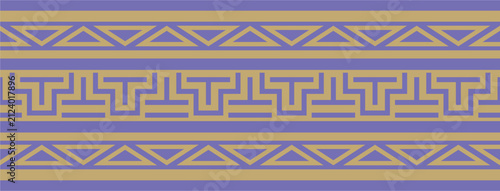 A seamless, gold and blue horizontal vector ethnic ornament in a Latin American style. An violet abstract Brazilian style border featuring crisp geometric lines and a symmetrical pattern.