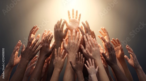 Hands Reaching for Light: A multitude of diverse hands are raised upwards towards a radiant beam of light, symbolizing hope, aspiration, and a collective search for guidance.