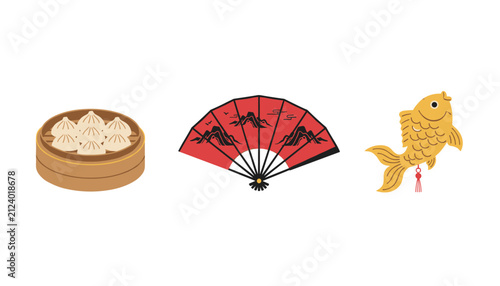 Trio of traditional Chinese icons including a dim sum steamer basket, a red folding fan, and a golden fish lantern.