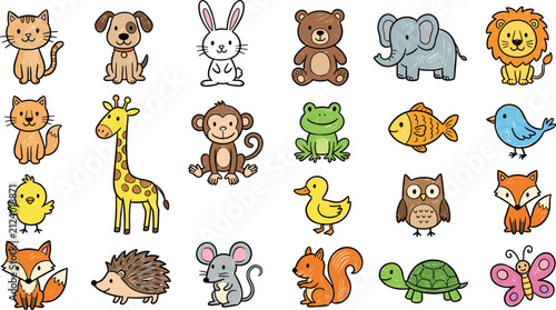 Photography Hand Drawn Cute Animal Vector Set with Cat, Dog, Rabbit, Bear, Elephant, Lion, G