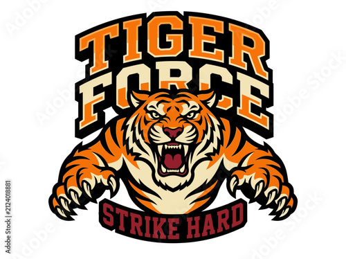 Photography Aggressive tiger mascot logo design with strike hard text at bottom showing pouncing wild cat for sports gaming brands