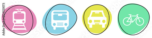 Button Banner Set mit 4 bunten Buttons: Verkehrsmittel Zug, Bus, Auto und Fahrrad