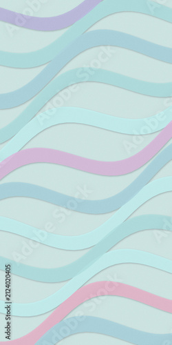 Konstfotografi Pastel blue and pink wavy paper ribbons form layered waves, creating a soft, calming abstract background ideal for modern design, branding, and wellness themes