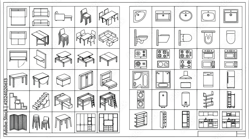 Obraz premium Furniture and appliance icons set for architectural floor plans