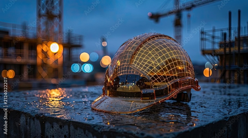 Obraz premium High-tech construction helmet with digital grid overlay.