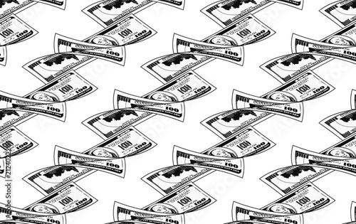 Seamless pattern with bent 100 USD bills. Banknotes arranged in pairs in diagonal rows. Black and white money illustration. Transparent background