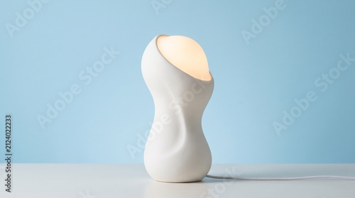 A modern minimalist white sculpted ceramic lamp with a unique biomorphic organic shape, glowing with a warm soft light, resting on a white table against a solid blue background.