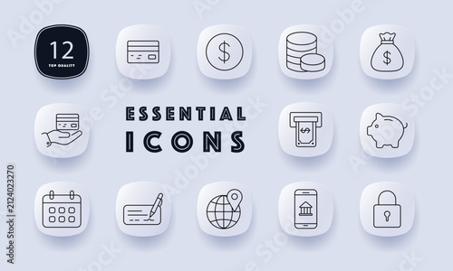 Finance set icon. Payment card, currency coin, savings reserve, wealth fund, banking transfer, cash terminal, piggy bank, schedule planner, signed cheque, global transaction, mobile banking