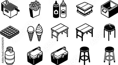 Fast food and outdoor catering icon set. Includes deep fryer, french fries, condiments, waffle, ice cream, folding table, stool and cooler box in isometric black style.