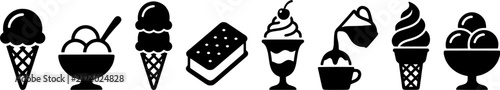 Ice cream icon set in a flat black silhouette style including cones, sundae, sandwich, milkshake and toppings.