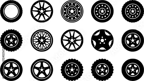Car Wheel Rim Vector Icons Set with Tire, Alloy Wheel, Hubcap and Automotive Spare Wheel Designs Isolated on White Background
