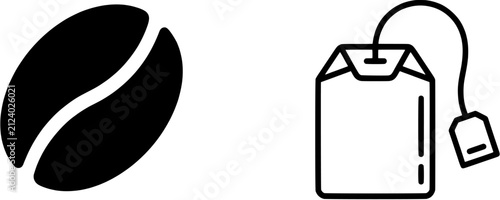 Coffee bean and tea bag icon set in a simple black style. Collection of beverage symbols including roasted bean and herbal teabag for cafe menu design.