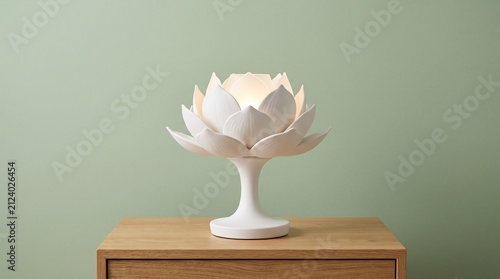 Illuminated white lotus flower table lamp on a pedestal base, resting on a wooden cabinet against a soft green studio wall background.