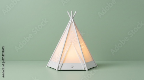 A white teepee-shaped night light emitting a warm glow, set against a smooth sage green background in a minimalist setup.