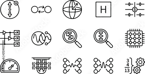 Quantum computing and physics icons set technology outline vector illustration