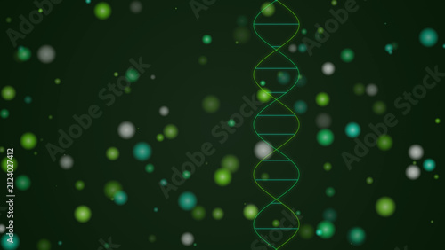 Photography Green dna double helix with scattered vibrant green and teal bokeh dots on a dar