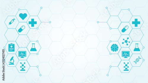 Medical Healthcare Technology Background with Hexagon Science Icons and Clinical Innovation