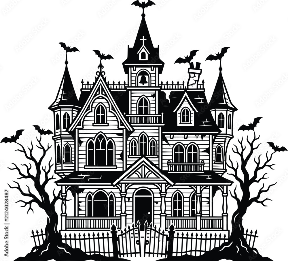 Fototapeta premium Haunted house illustration black and white vector graphic with bats and trees