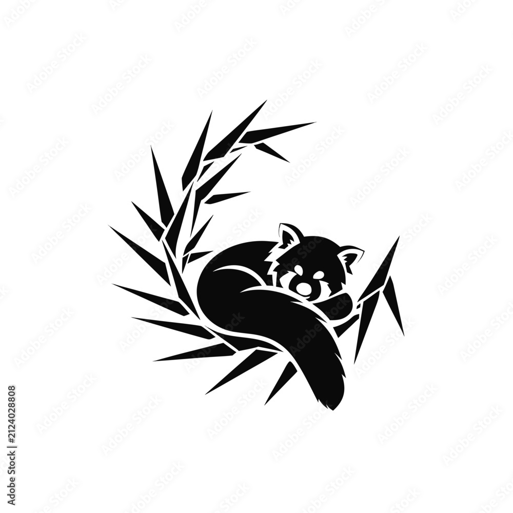 Obraz premium Stylized red panda sleeping in geometric bamboo leaf frame with sleeping geometric wildlife