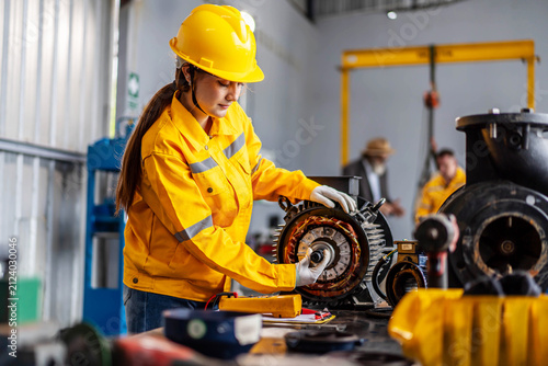 Skilled female industrial engineer in a yellow hard hat and safety uniform repairing a heavy electric motor in a manufacturing factory. Professional maintenance worker inspecting plant machinery.