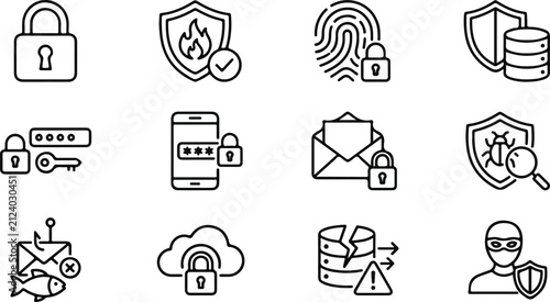 Cybersecurity and data protection icons set secure network outline vector illustration