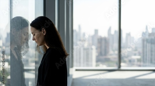A stressed businesswoman leaning against a window in a modern office with an urban city view