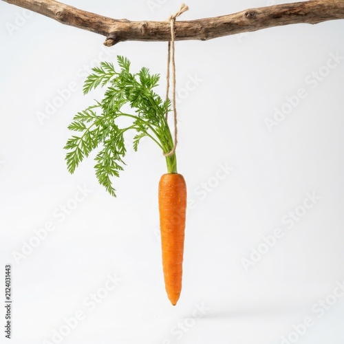 Minimalist motivation concept featuring a fresh carrot hanging from a branch to symbolize business goals.