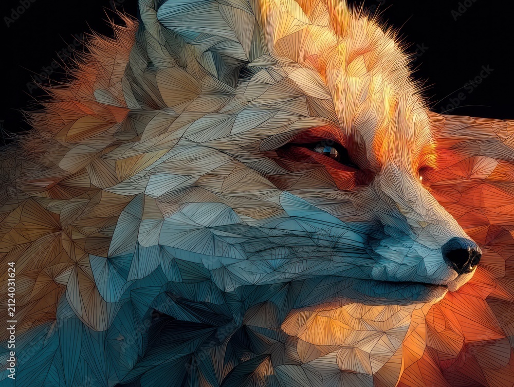 Fototapeta premium Close-up of fox's face, with stylized fur effect and contrasting warm, cool tones