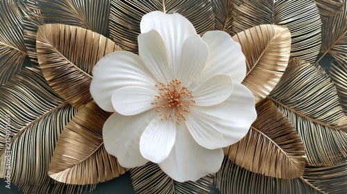 A close-up view of a large, white flower with golden feathery leaves on a gray background