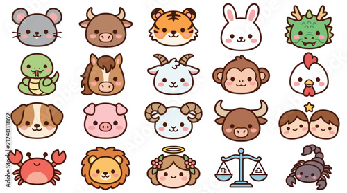 Canvas Print Cute zodiac animals and symbols collection