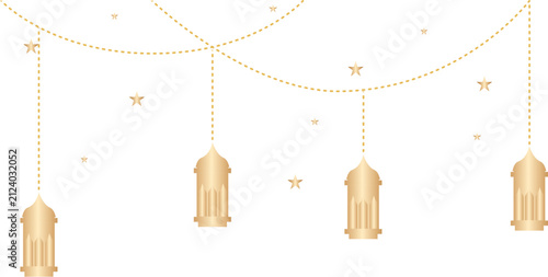 Golden lanterns and stars on white background for festive decor
