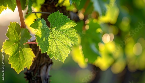 Sunlight filtering through vibrant green grape leaves on a vine.