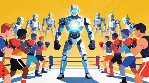Boxer robot competition technology artificial intelligence ring futuristic team challenge determination and unity face off in vibrant boxing match expressing intensity and teamwork