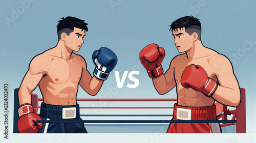Boxer ring gloves competition athlete sports fighting match strength determination Two male boxers with athletic builds face each other boxing ring wearing red and blue gloves and shorts ready