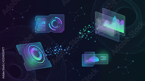 Futuristic interface digital dashboard data visualization glowing hologram abstract technology neon color virtual screen network connection innovation science fiction