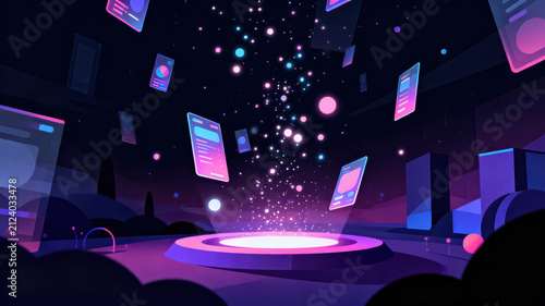 Futuristic digital technology glowing interface abstract night neon floating hologram fantasy sci fi virtual data communication innovation modern cyberspace magic sparkle blue purple pink